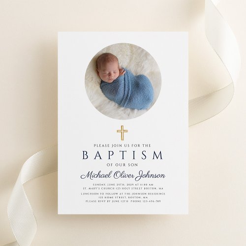 Navy Blue Elegant Religious Boy Photo Baptism   Invitation