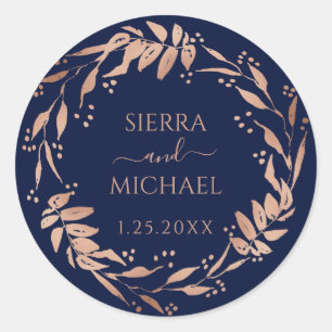 Navy Blue Elegant Rose Gold Foliage Wedding Classic Round Sticker