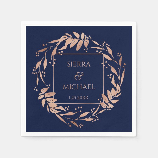 Navy Blue | Elegant Rose Gold Foliage Wedding Napkins (Front)