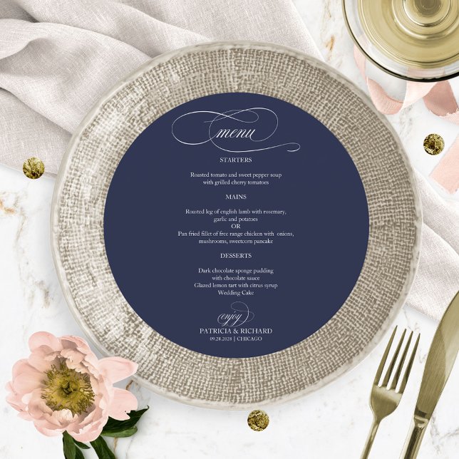 Navy Blue Elegant Round Wedding Menu (Creator Uploaded)