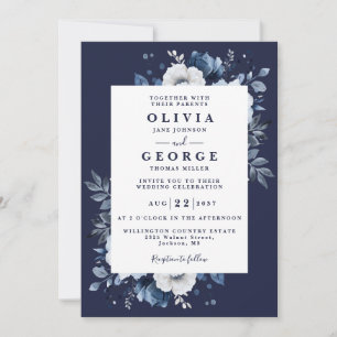 Navy Blue Elegant Rustic Country Floral Wedding Invitation
