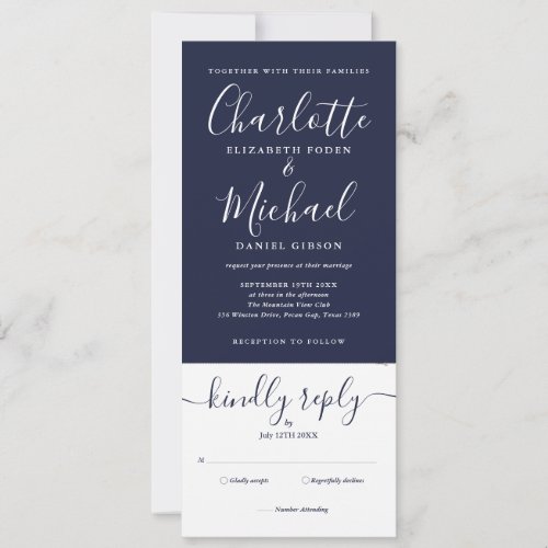 Navy Blue Elegant Script All In One Wedding Invitation