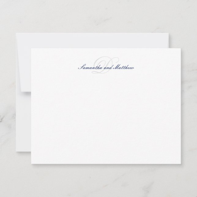 Navy Blue Elegant Script Initial Monogram Note Card (Front)