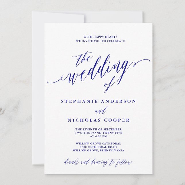 Navy Blue Elegant Script Invitation (Front)