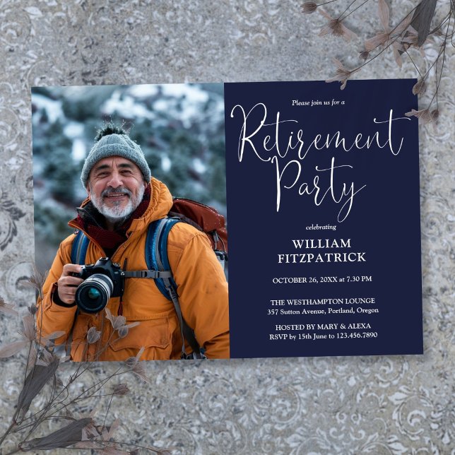 Navy Blue Elegant Script Photo Retirement Party Invitation (Navy Blue Elegant Script Photo Retirement Party Invitation)