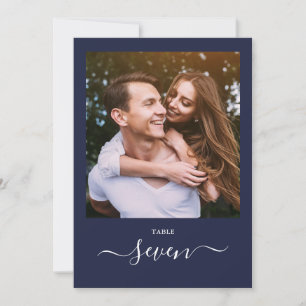 Navy Blue Elegant Script Photo Table Number