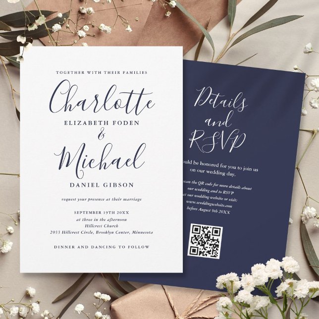 Navy Blue Elegant Script QR Code Wedding Invitation (Navy Blue Elegant Script QR Code Wedding Invitation)