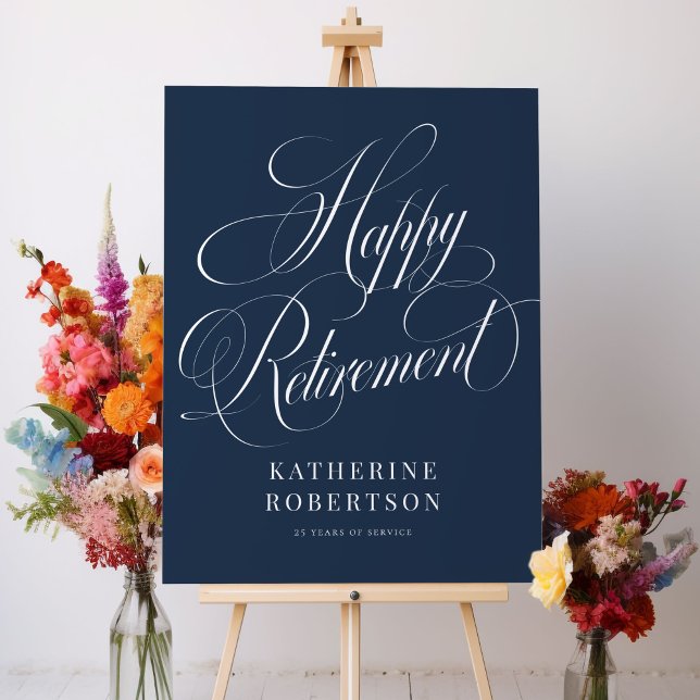 Navy Blue Elegant Script Retirement Party Sign (Creator Uploaded)