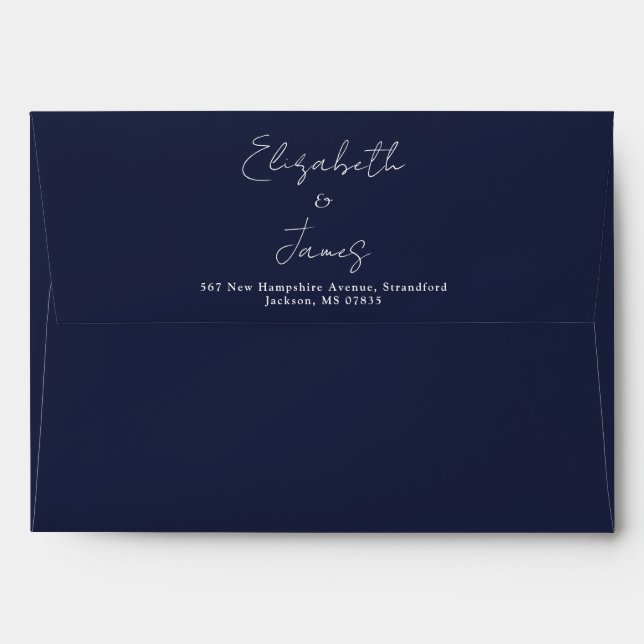 Navy Blue Elegant Script Return Address Envelope (Back (Top Flap))