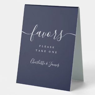 Navy Blue Elegant Script Wedding Favors Table Tent