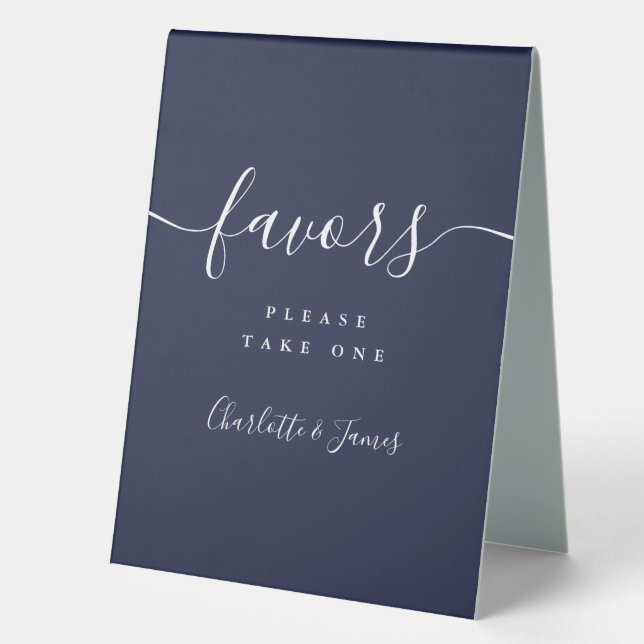 Navy Blue Elegant Script Wedding Favors Table Tent (Front)