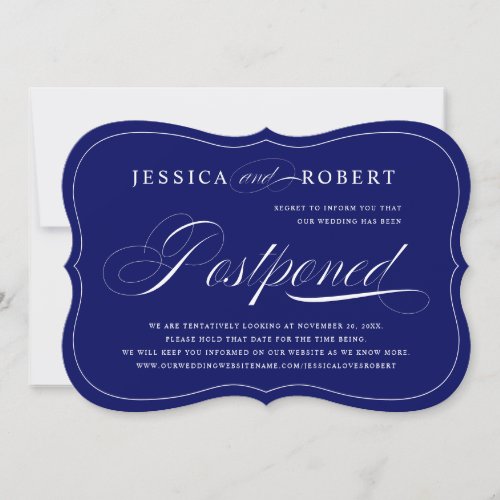 Navy Blue Elegant Script Wedding Postponed Save The Date