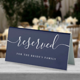 Navy Blue Elegant Script Wedding Reserved Table Tent