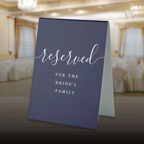 Navy Blue Elegant Script Wedding Reserved Table Tent Sign