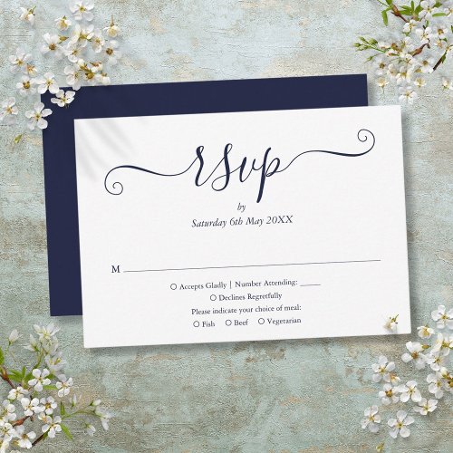 Navy Blue Elegant Script Wedding RSVP Card