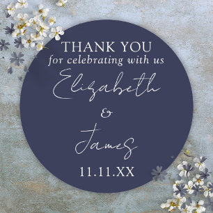 Navy Blue Elegant Script Wedding Thank You Classic Round Sticker