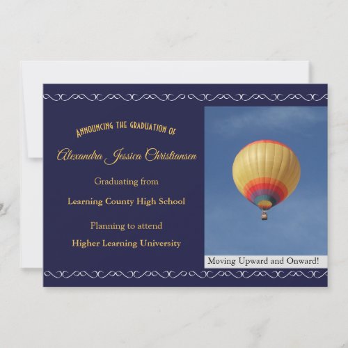 Navy Blue Elegant Scroll Hot Air Balloon Grad Announcement