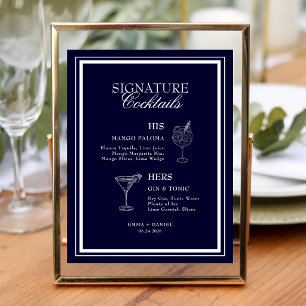 Navy Blue Elegant Signature Cocktails Wedding Bar Menu