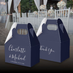 Navy Blue Elegant Signature Script Wedding Favor Boxes