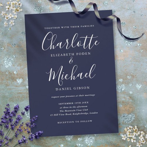 Navy Blue Elegant Signature Script Wedding  Invitation