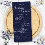Navy Blue Elegant Signature Script Wedding  Menu<br><div class="desc">Simple modern navy blue signature script wedding menu card featuring signature style names,  this elegant menu card can be personalized with your details in white lettering. Designed by Thisisnotme©</div>