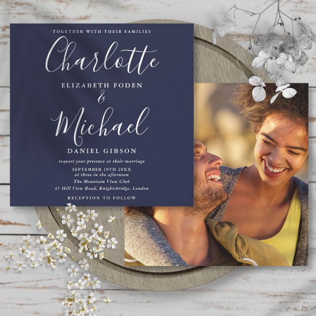 Navy Blue Elegant Signature Script Wedding Photo Invitation (Navy Blue Elegant Signature Script Wedding Photo Invitation)