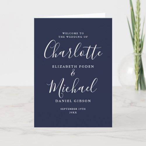 Navy Blue Elegant Signature Script Wedding Program