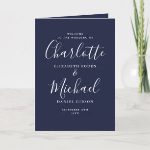 Navy Blue Elegant Signature Script Wedding Program