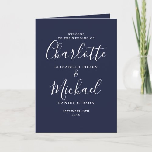 Navy Blue Elegant Signature Script Wedding Program