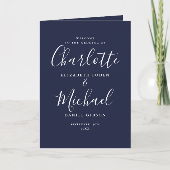Navy Blue Elegant Signature Script Wedding  Program (Front)