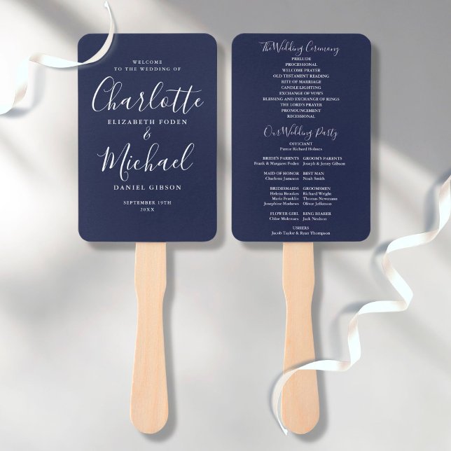 Navy Blue Elegant Signature Script Wedding Program Hand Fan (Creator Uploaded)
