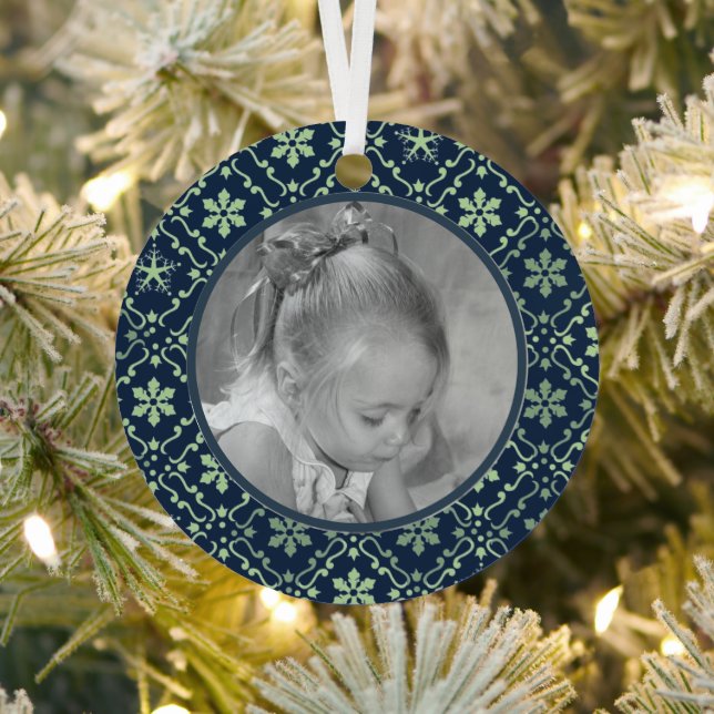Navy Blue Elegant Snowflake Photo Christmas Metal  Metal Ornament (Insitu)