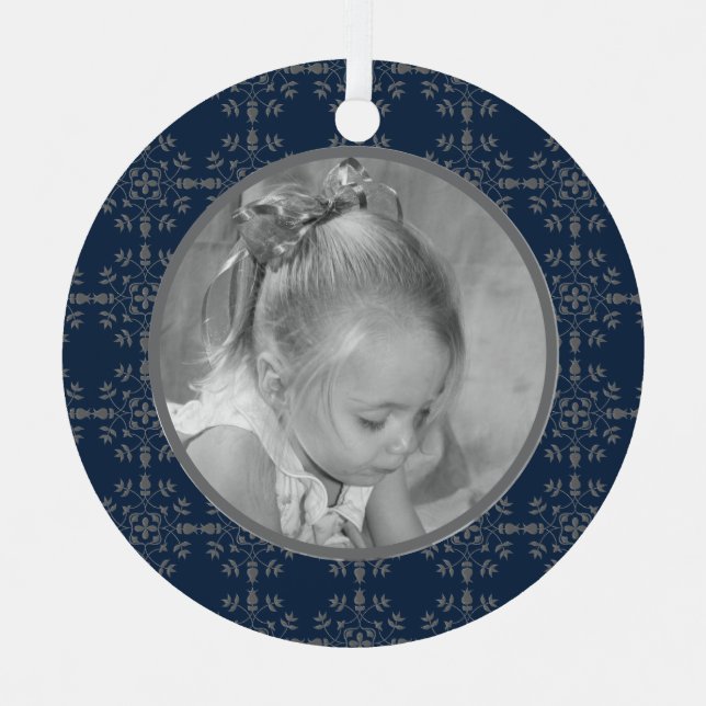 Navy Blue Elegant Snowflake Photo Christmas Metal Ornament (Front)