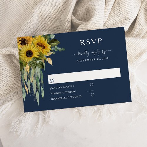 Navy Blue Elegant Sunflower Wedding  RSVP Card
