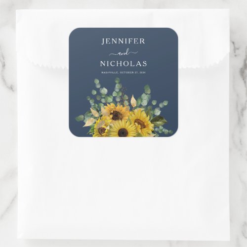 Navy Blue Elegant Sunflowers Wedding Square Sticker