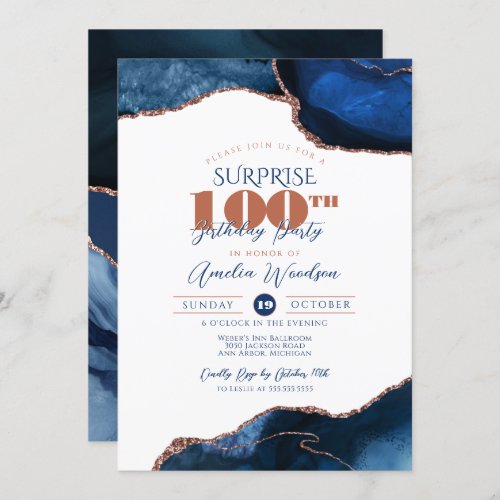 Navy Blue Elegant Surprise Adult 100th Birthday  Invitation