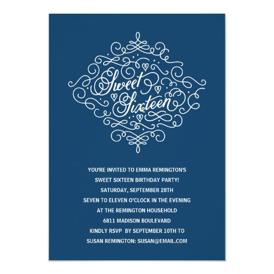 Navy Blue Elegant Sweet 16 Birthday Party Invitation | Zazzle.com