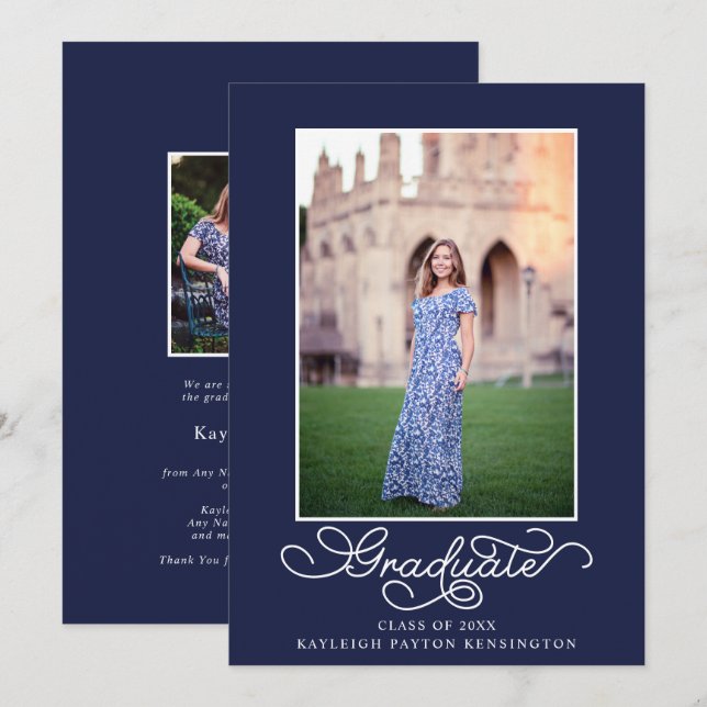Navy Blue Elegant Typography Graduation Photo Announcement (Front/Back)