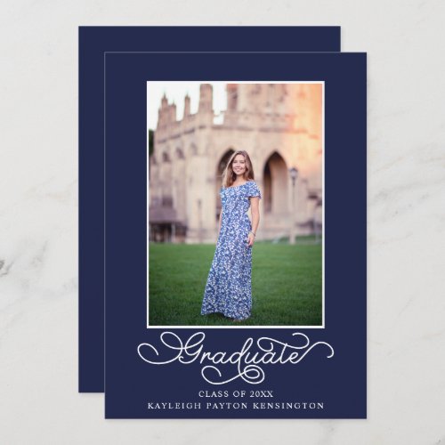 Navy Blue Elegant Typography Graduation Photo Announcement