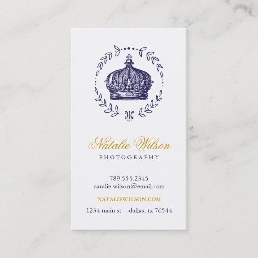 Customizable Navy Blue Elegant Vintage Crown Vertical Business Cards
