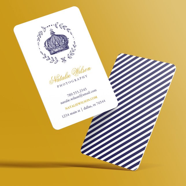 Navy Blue Elegant Vintage Crown Vertical Business Card (Creator Uploaded)