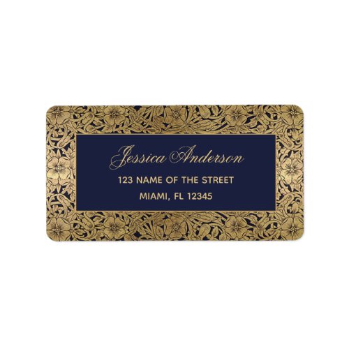 Navy Blue Elegant Vintage Gold Roses Script Label