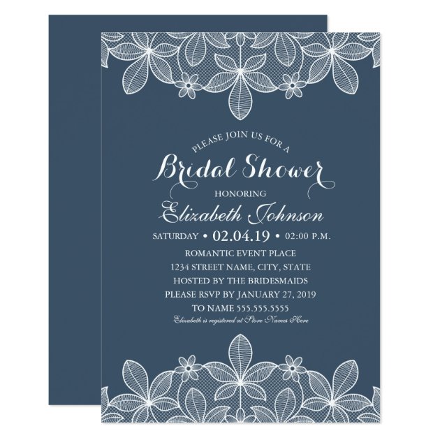 Navy Blue Elegant Vintage Lace Bridal Shower Invitation
