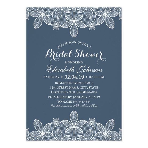 Navy Blue Elegant Vintage Lace Bridal Shower Invitation