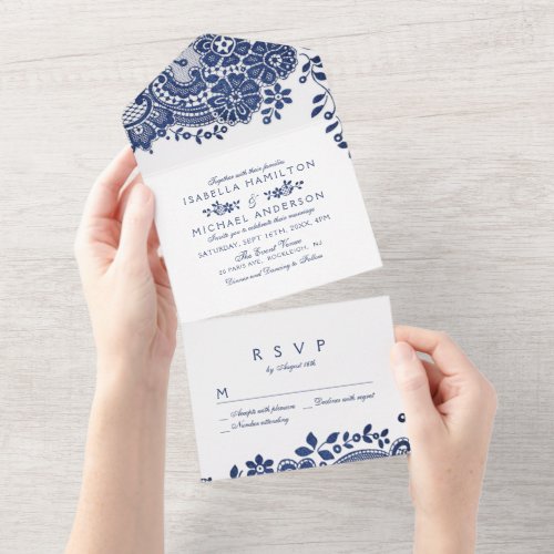 Navy blue elegant vintage lace wedding all in one invitation