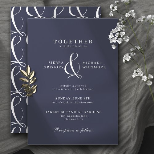 Navy Blue Elegant Vintage Style Typography Wedding Invitation