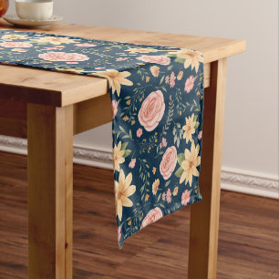 Navy Blue Elegant Vintage Wildflower Pattern Long Table Runner