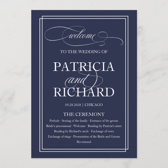 Navy Blue Elegant Wedding Ceremony Program (Front)