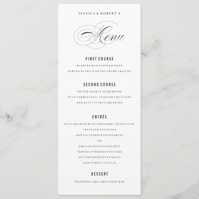 Navy Blue Elegant Wedding Formal Dinner Menu (Front)