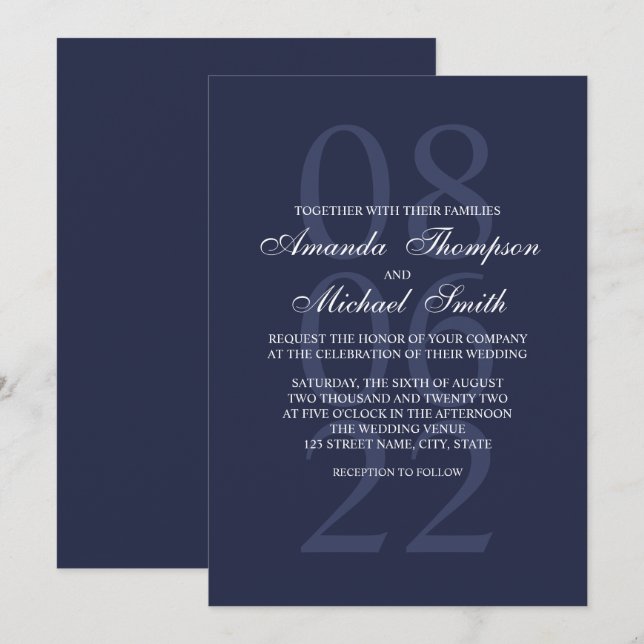 Navy Blue Elegant Wedding Invitation (Front/Back)